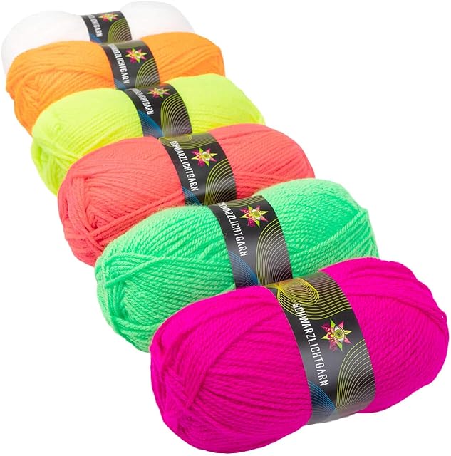 Psywork Mixed 6 Pack of 50 g Blacklight Neon Wool / Knitting Yarn