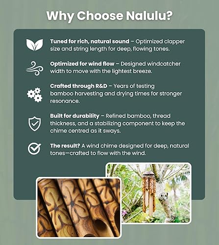 Miniatura 4 de Campanillas de viento rústicas de bambú, campanillas de viento de madera para exteriores, grandes, diseño floral quemado con corona de coco, hechas