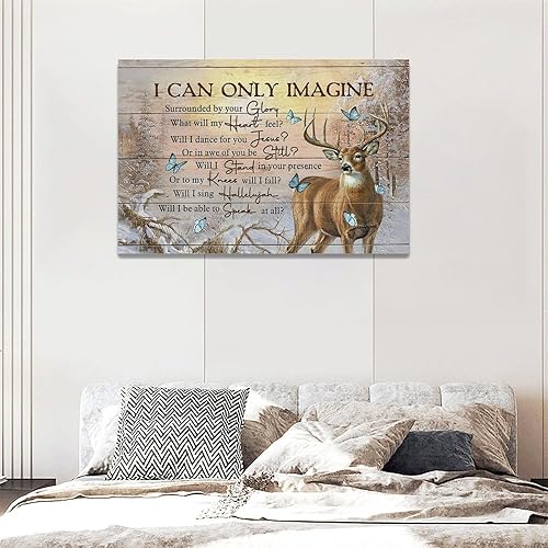 Miniatura 6 de reoqeosy Arte de pared de ciervo cristiano, imágenes de ciervos y mariposas I Can Only Imagine Farmhouse Deer Religioso, lienzo con marco para sala
