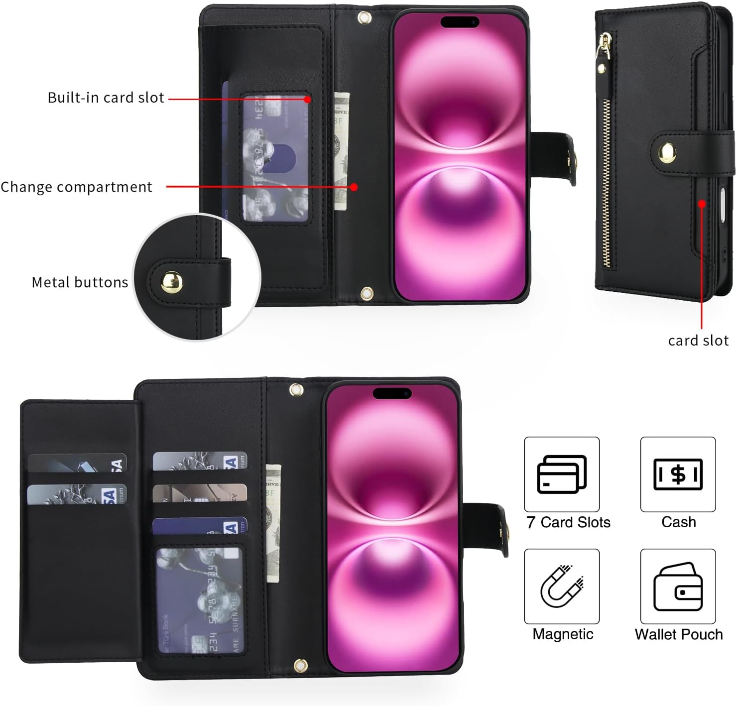 Asuwish Phone Case for iPhone 17 6.3 inch Zipper Wallet Cell Cover, with Tempered Glass Screen Protector and Crossbody Wrist Strap, Kickstand Credit Card Holder i Phone17 i17 17Case Women Girls Black