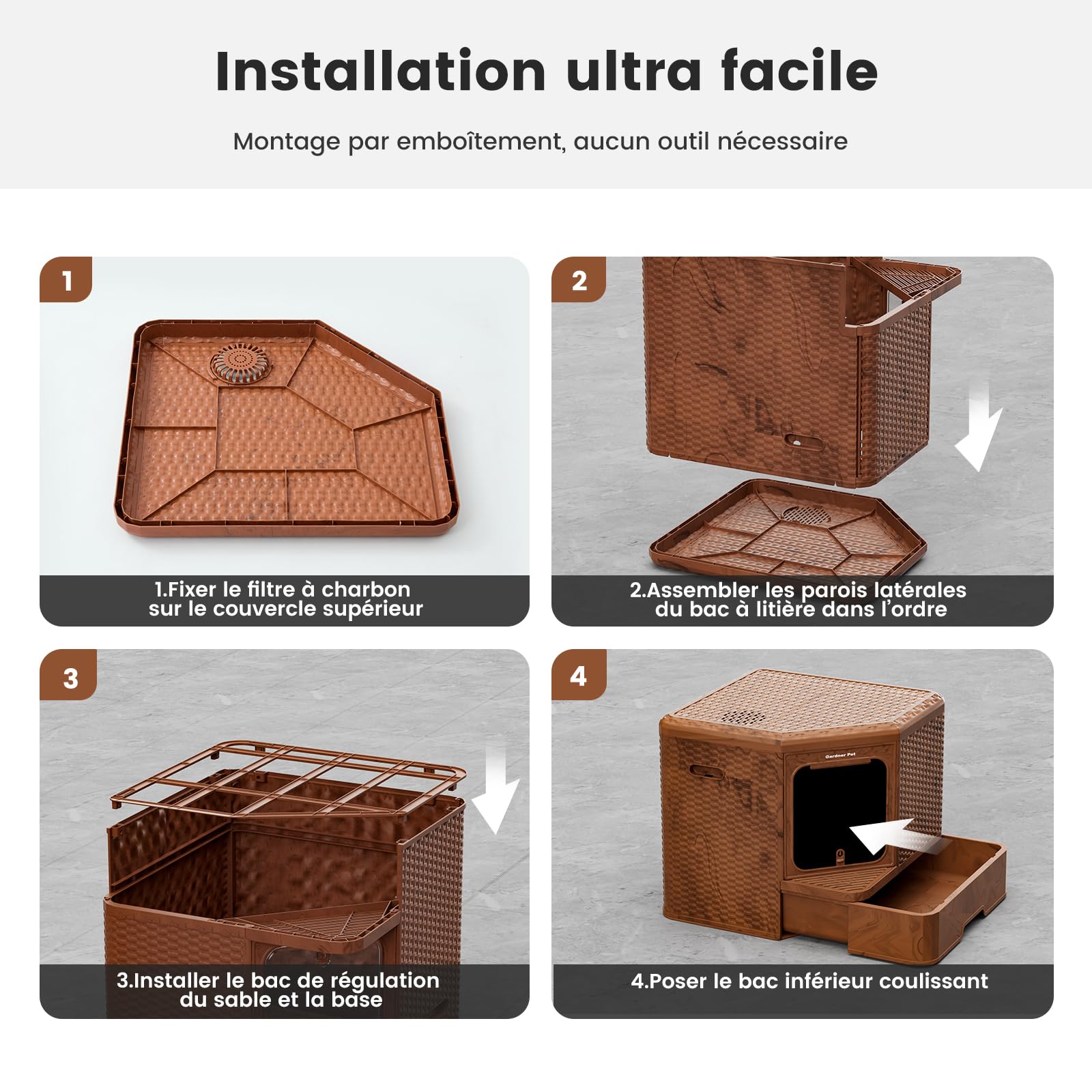 Gradner Pet Maison de Toilette pour Grand Chat XXL Anti Odeur, Brun | Bac à Litière, Caisse Litière Fermée, Compartiment Inférieur Amovible, Nettoyage Facile, Intimité Sécurisée