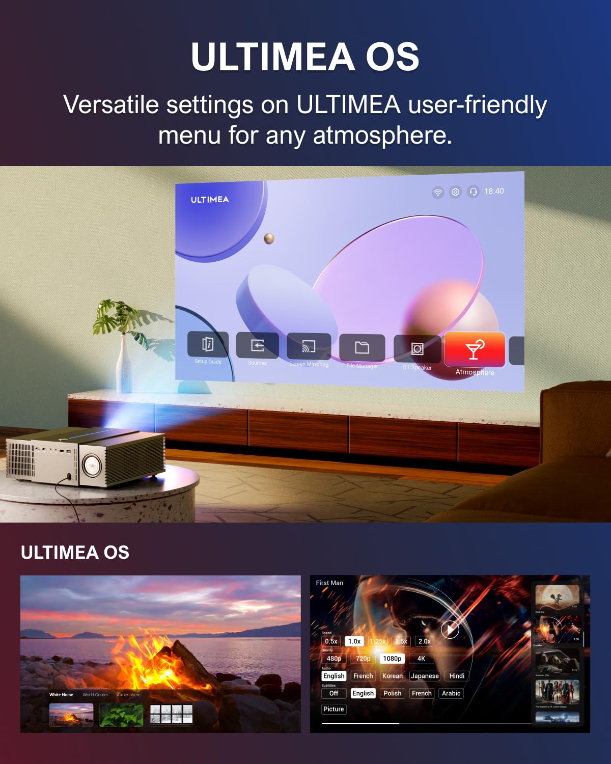 ULTIMEA Projektor 4K, obsługiwany z funkcją Auto Focus/Keystone 6D, projektor 1080P rodzimego kina domowego z 900 ANSI, unikanie obiektów, projektor WiFi 6 Bluetooth dla iOS/Android/TV Stick