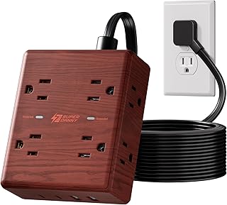 Brown Extension Cord 10Ft, Flat Plug Power Strip Surge Protector, 8 Outlets & 4 USB Ports (2 USB C), Desktop Charging Station Hidden Behind Furniture, Decorative Office Desk Accessories (Walnut Wood)
