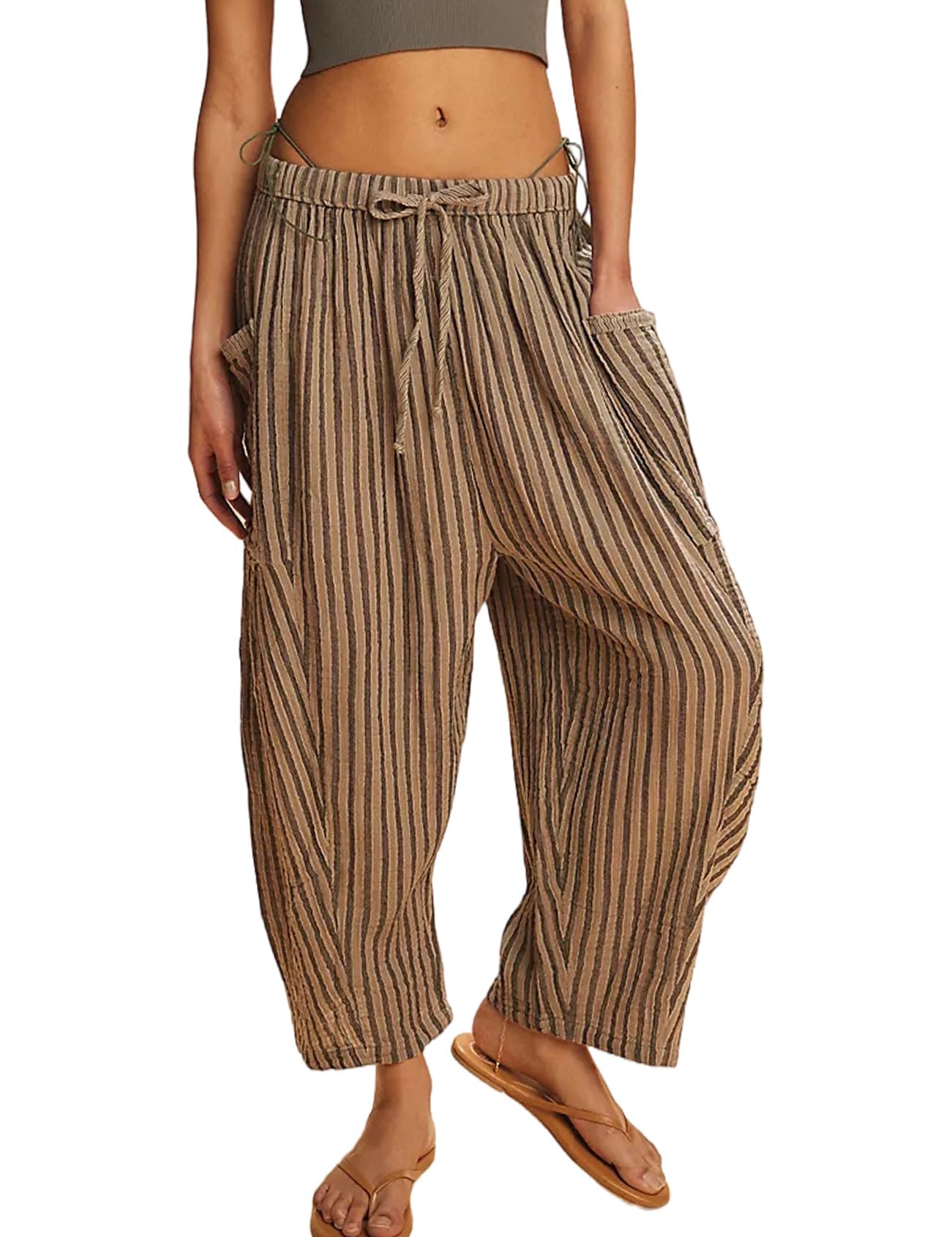 Women Summer Striped Harem Pants Casual Flowy Baggy Wide Leg Trousers Drawstring Palazzo Pants with Pockets
