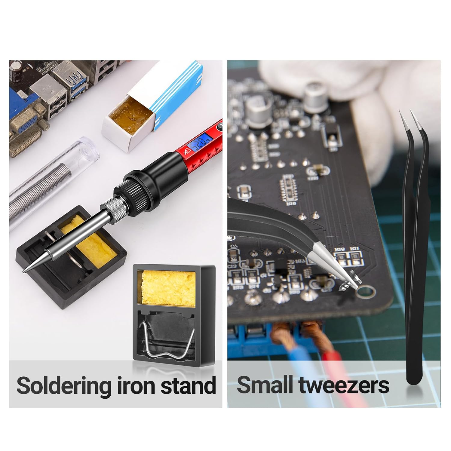 Soldering iron on stand with cleaning sponge and tweezers