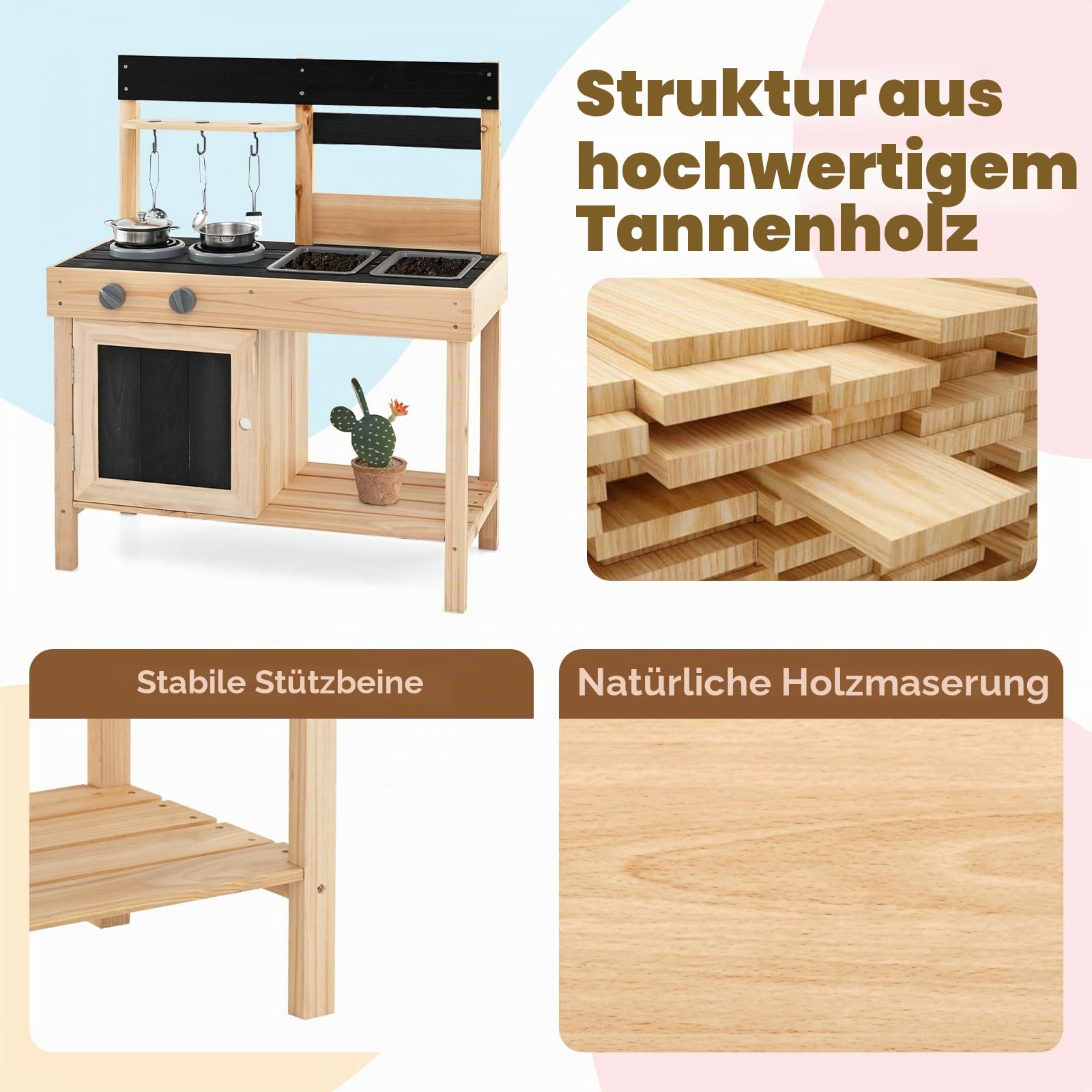 HOMASIS Matschküche Kinder Outdoor, Kinderküche mit 2 Spülen, Herd & Kreidertafel, Spielküche Holz mit Zubehör, Spielzeugküche mit 3 Haken & Regalen, für Kinder ab 3 Jahren