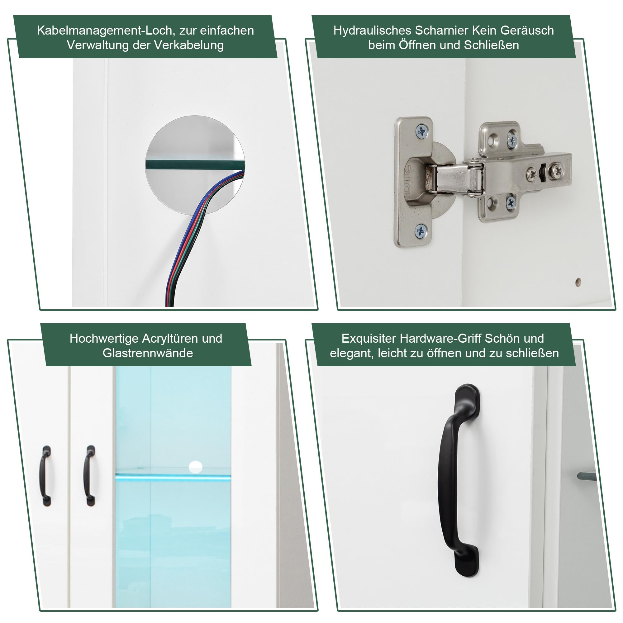Vitrina iluminada por LED de 16 colores, 2 puertas, 2 cajones con puertas de cristal, vitrina de pie con LED blanca, para salón, pared de salón, vitrina LED, armario de buffet, estantería alta,