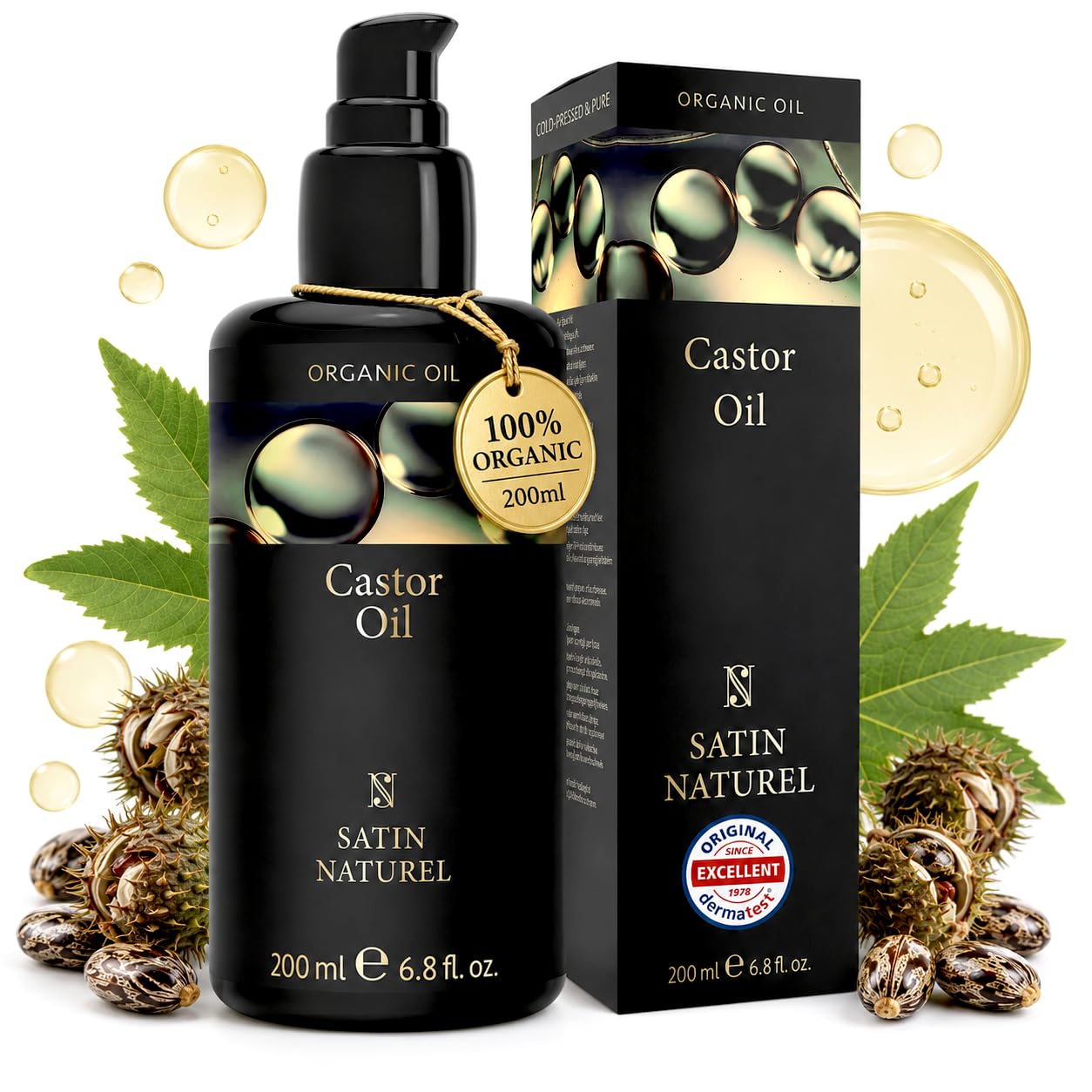 Organiczny olej rycynowy wegański, na zimno na rzęsy, włosy i pielęgnacja skóry i zdrowe paznokcie - 200 ml szklana butelka z światłem - czyste, naturalne i rodzime - naturalne kosmetyki