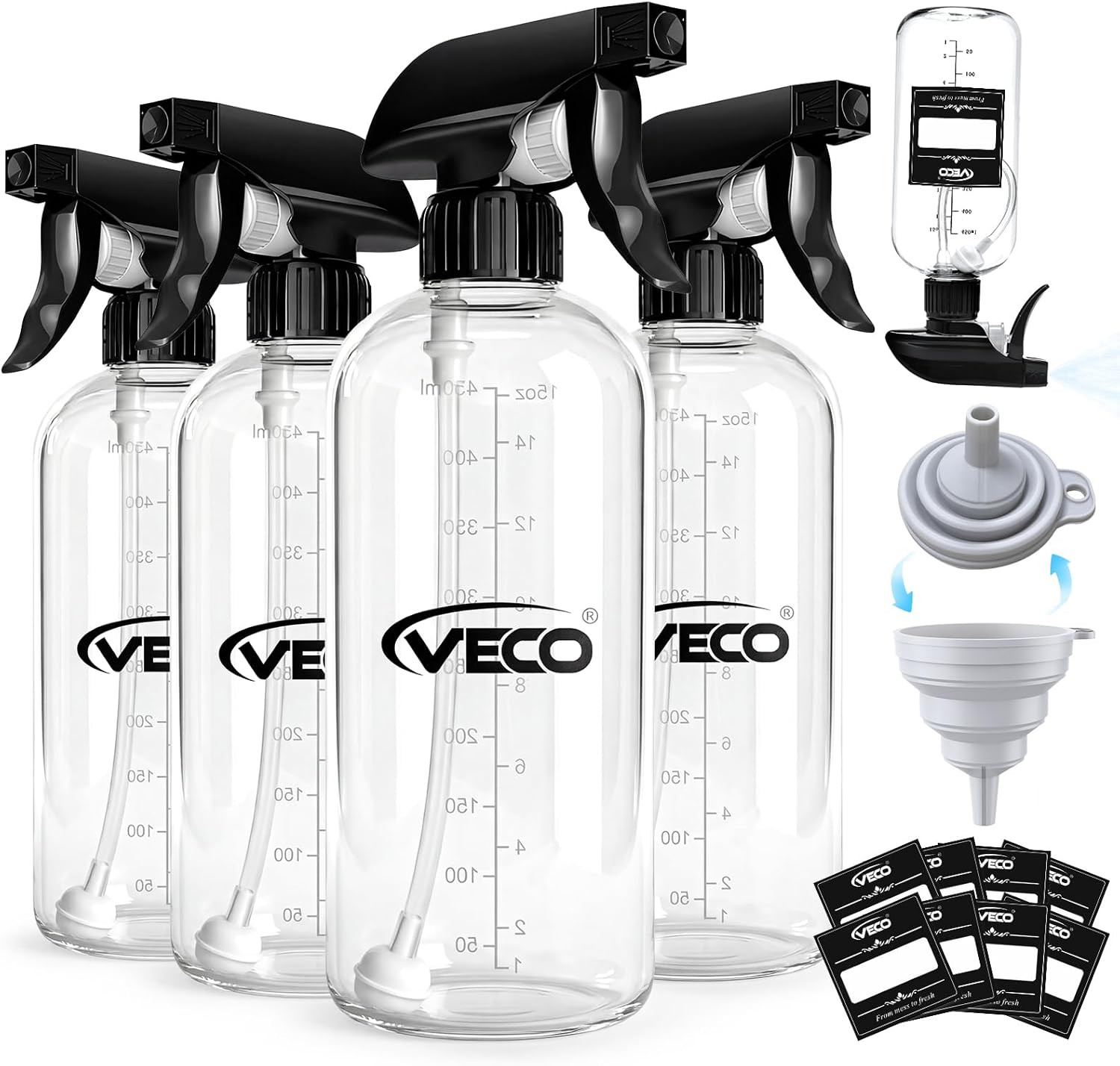 Veco 500mL (17oz) Graduated Spray Bottles, 4-Pack — 360° Any-Angle Spraying for Easy Dilution, Leak-Resistant spray bottles for Cleaning, Plants, Hair & Pet Use + Foldable Funnel