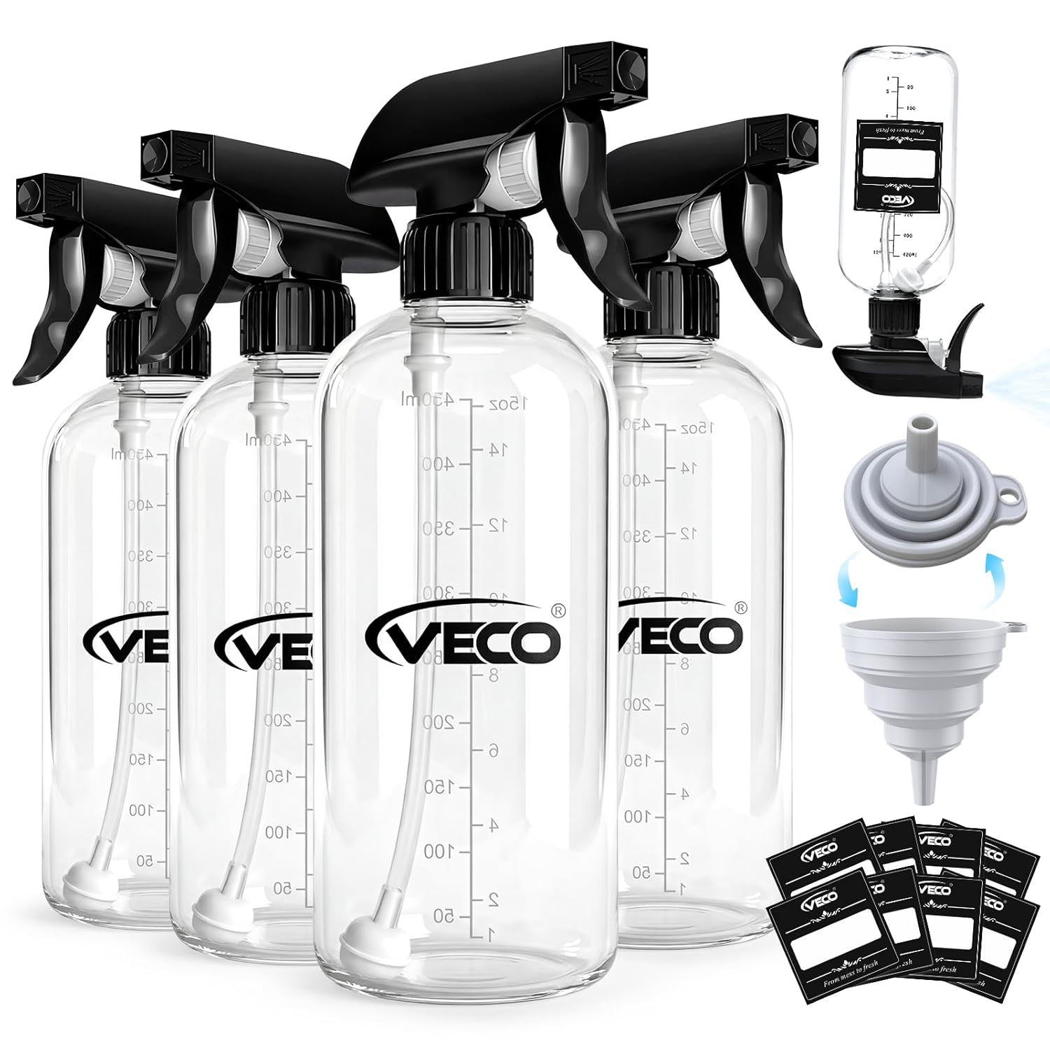 Veco 500mL 17oz Graduated Spray Bottles 4-Pack 360 Any-Angle Spraying for Easy Dilution Leak-Resistant spray bottles for Cleaning