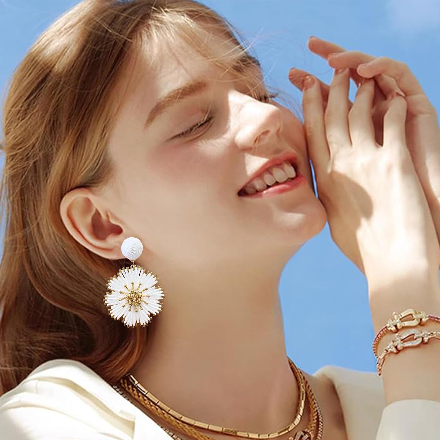 Rattan Flower Dangle Earrings for Women Bohemian Handmade Straw Wrapped Flower Daisy Rattan Earring Summer Beach - Image 3