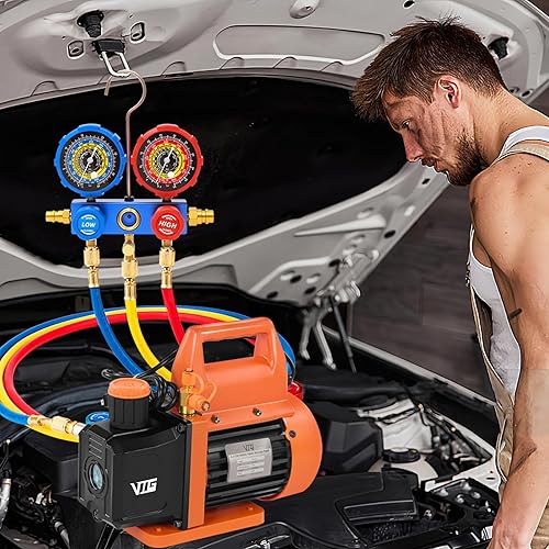 Miniatura 8 de Juego de bomba de vacío y medidor de CA de 4.5 CFM, para mini split, HVAC, sistemas automáticos, kit de manómetro compatible con R22, R32, R134a,