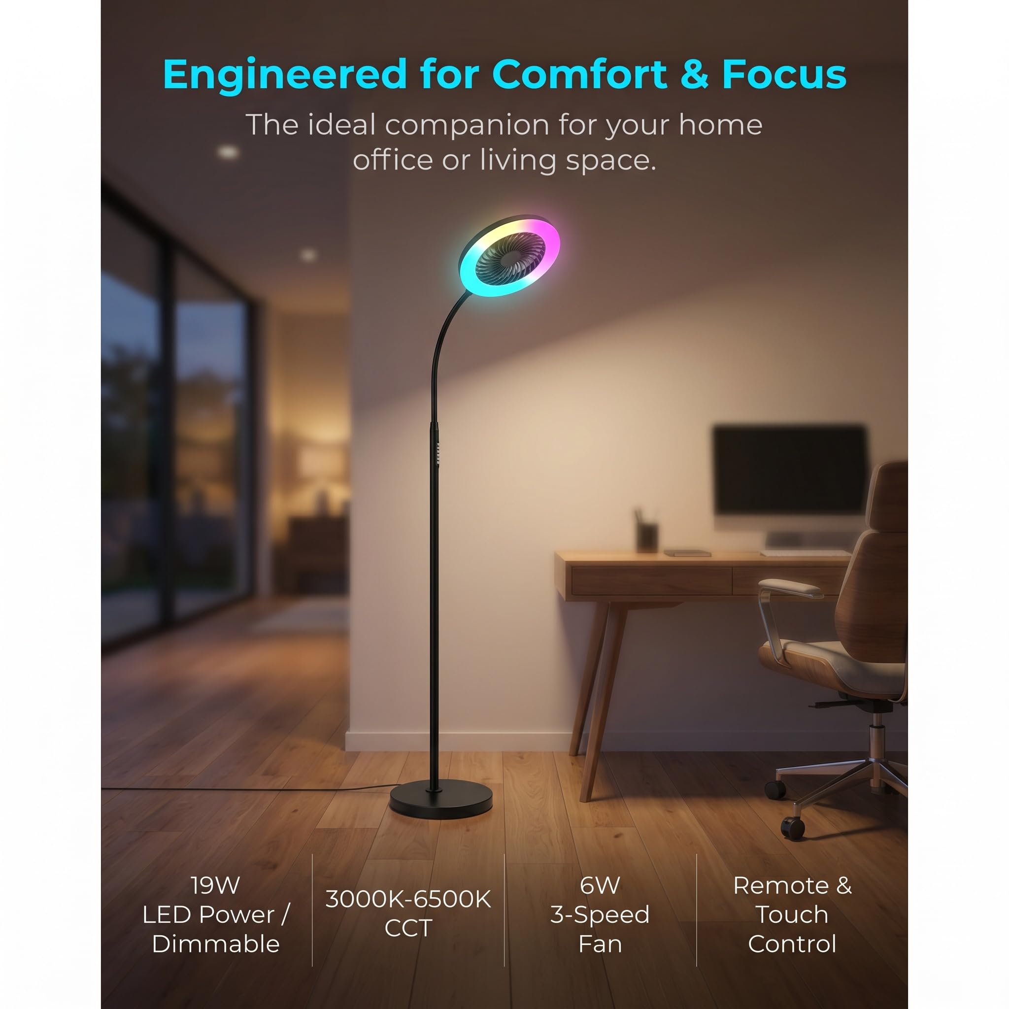 Stehlampe mit Ventilator, LED Standventilator mit RGB Beleuchtung, Flexibler Schwanenhals Höhe Verstellbar Fernbedienung 3 Geschwindigkeiten & Farbtemperaturen für Wohnzimmer Schlafzimmer Büro