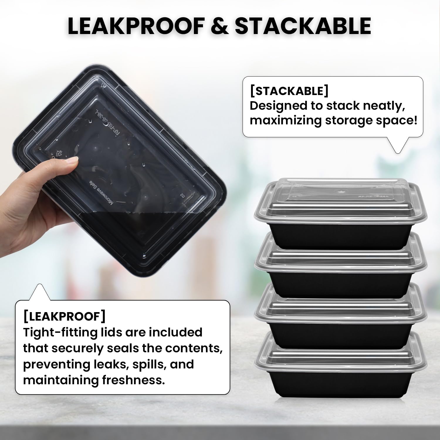 Klex Recipientes de preparación de comidas con tapas herméticas, sin BPA, recipiente de plástico reutilizable para alimentos, 38 onzas, rectangular, negro/transparente, 50 juegos
