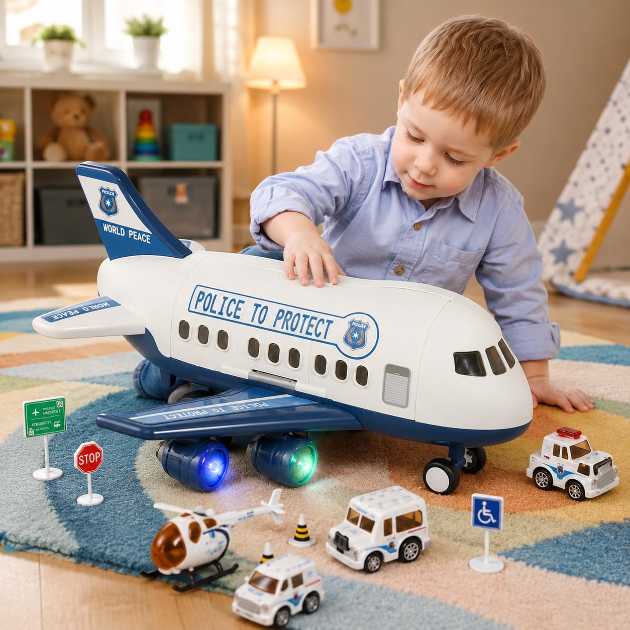 Aereo Giocattolo per Bambini con Veicoli e Suoni, Gioco a Inerzia Ricaricabile, aereo polistirolo per bambini