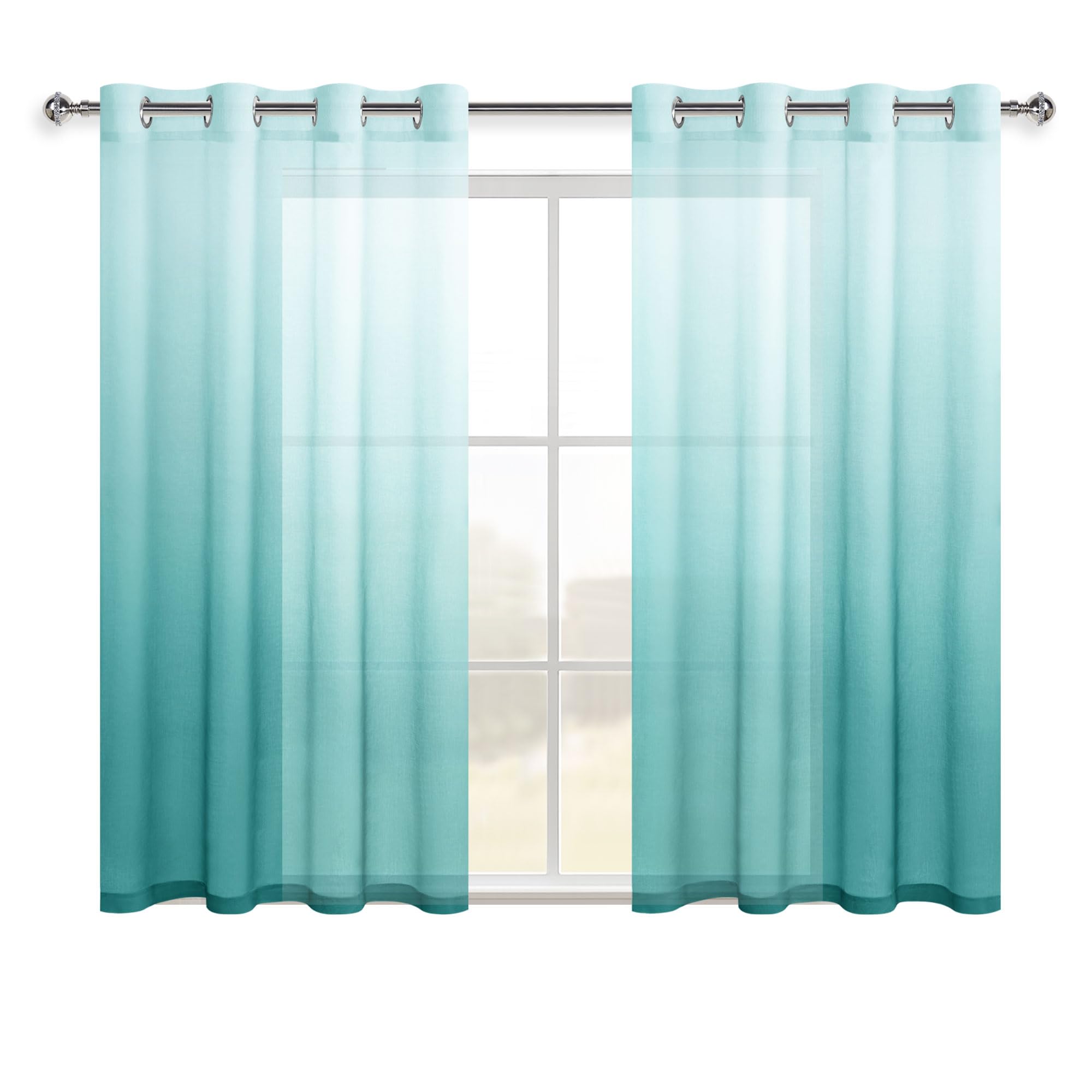Hiasan Lot de 2 Voilages Rideaux Dégradé à Oeillet de Fenêtre en Polyester de Couleur Changée Voile Ombre Demi-Transparent Décor pour Salon Chambre Bureau，140x145cm Bleu Vert