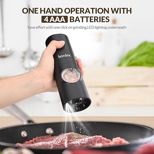 Miniatura 5 de Hotder Juego de molinillo eléctrico de pimienta y sal, funciona con pilas, ajustable, 5 niveles de grosura, molinillo de pimienta negra con soporte,