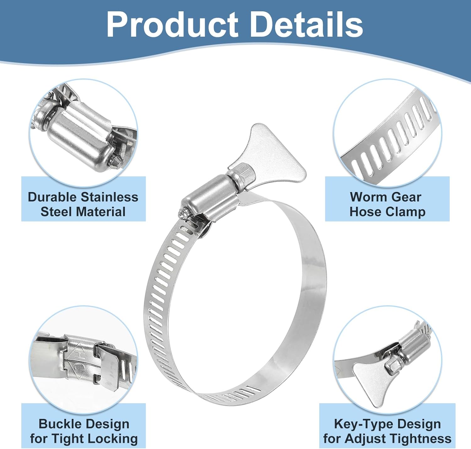 uxcell 5Pcs Stainless Steel Hose Clamps Worm Gear Hose Clamp, 40-63mm (1-5/8"to 2-1/2") Adjustable Thumb Screw Key Type Clamps Fuel Line Clamps 12mm Bandwidth for Plumbing, Automotive
