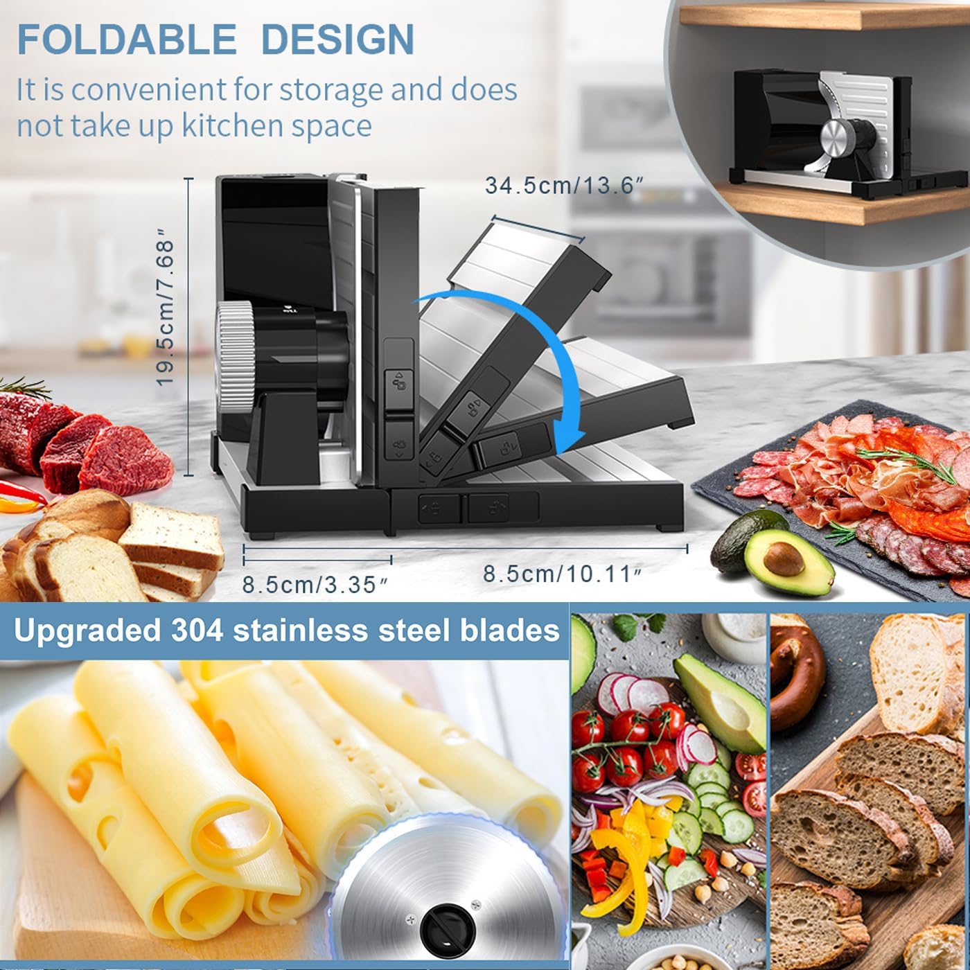 Affettatrice pieghevole per carne con spessore regolabile da 0 a 18 mm