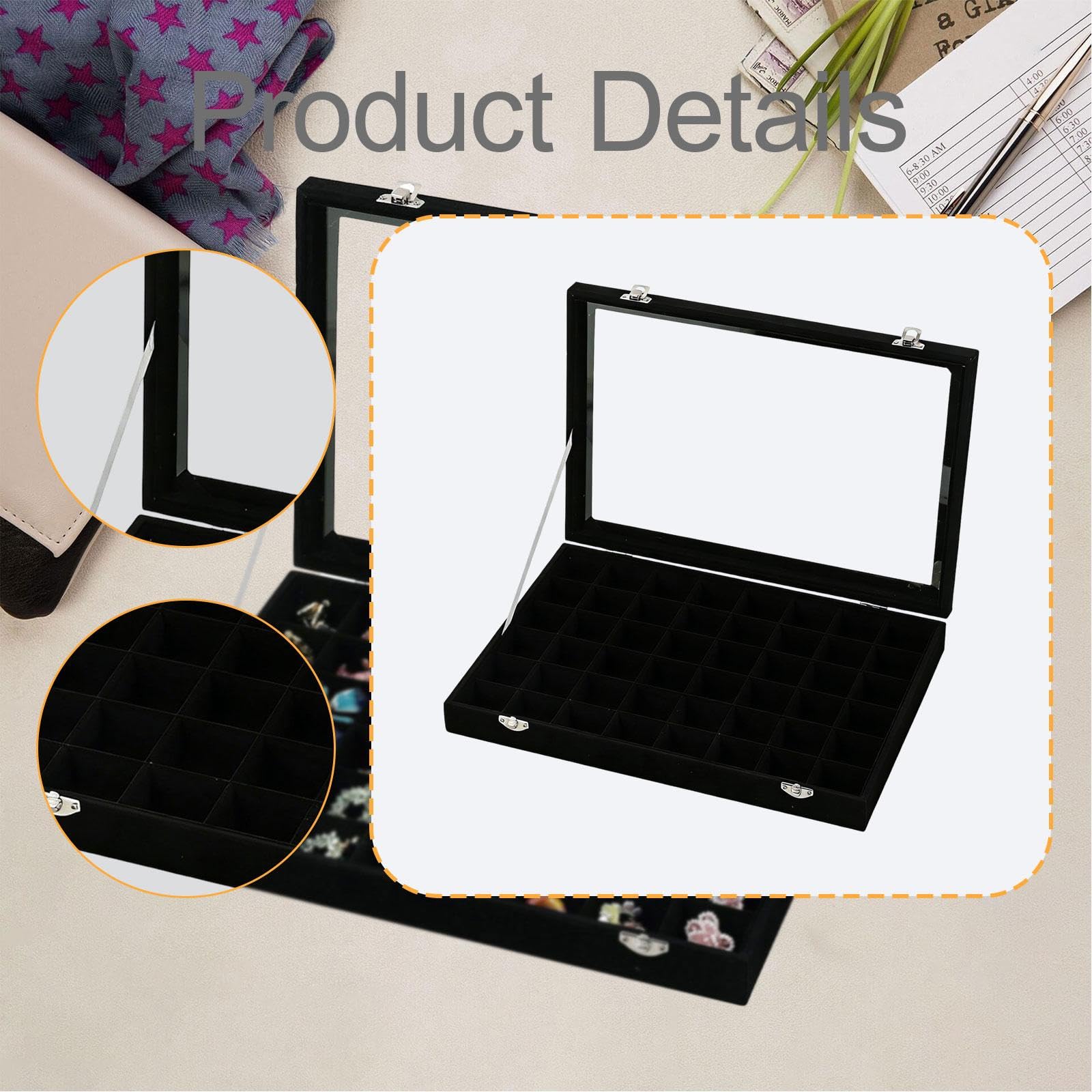 Qianly Jewelry Tray Organizer con 48 Scomparti Regolabili Porta Anelli Orecchini Collane Bracciali Custodia Robusta con Coperchio Trasparente in Tessuto, Nero