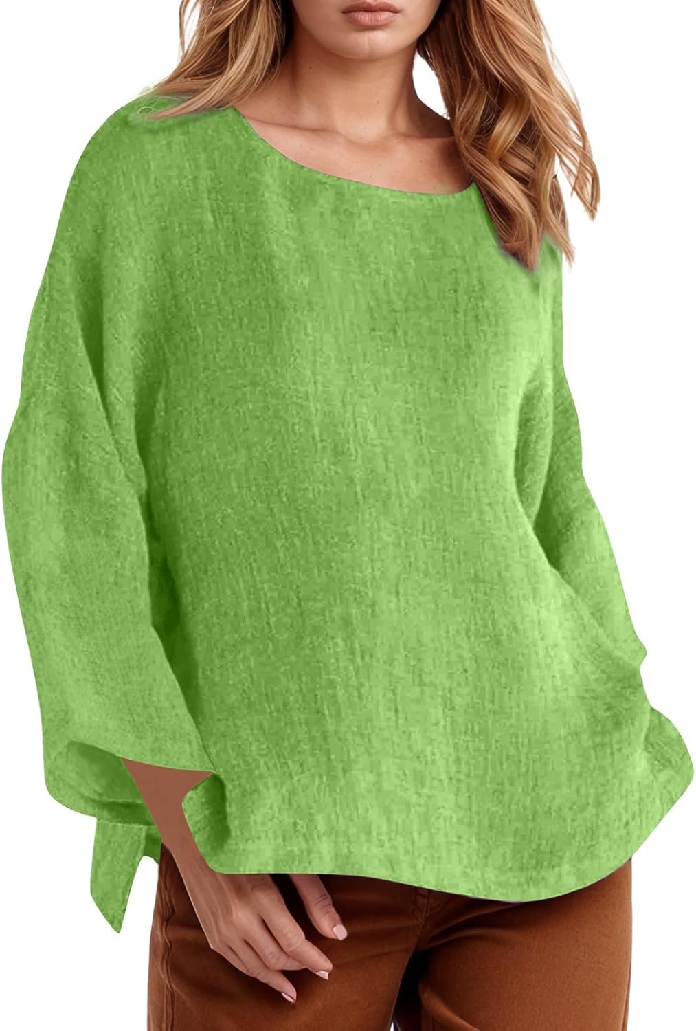 Linen Long Sleeve Shirts for Women Plus Size Summer Tops Casual Round Neck Tunic Blouses Loose Fit Tee Shirt Pullover