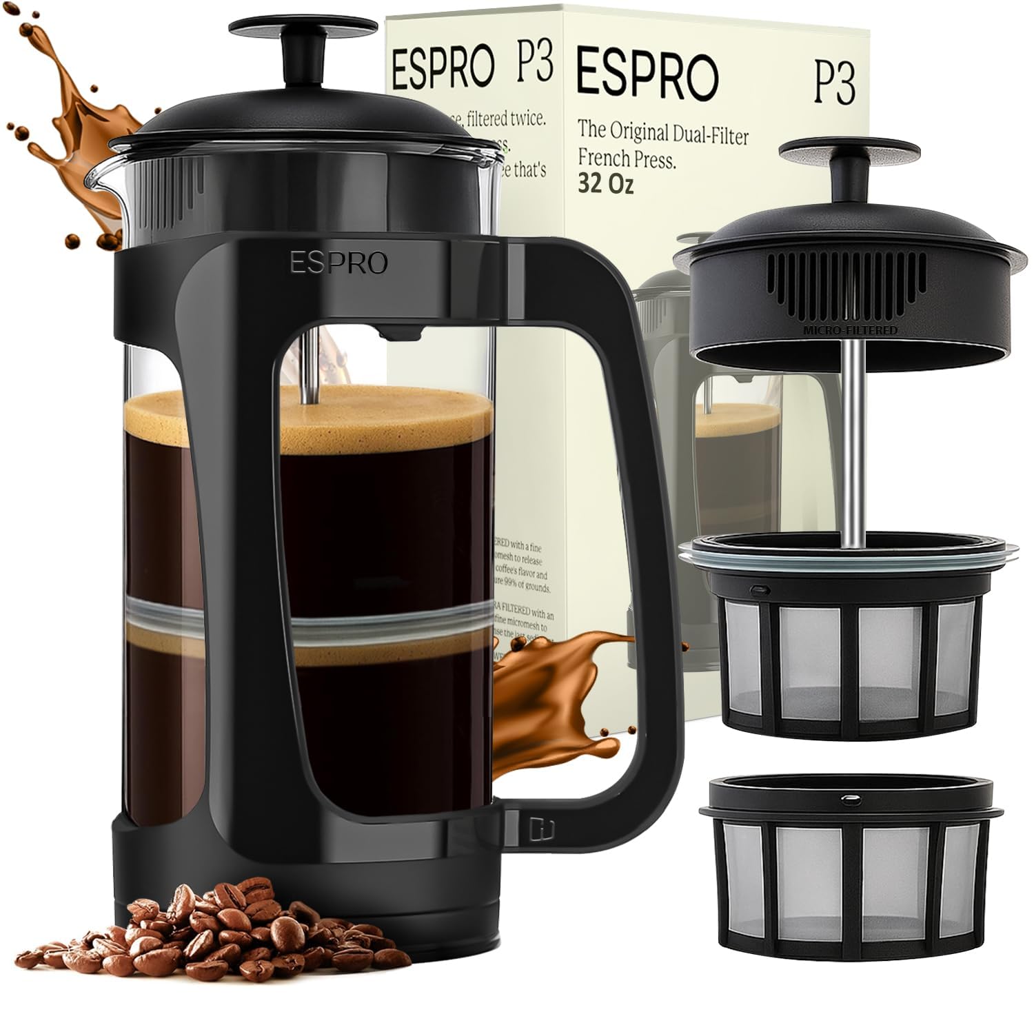 Espro P3 945 ml Double Micro-Filtered Coffee French Press - Glass and Black Plastic, Regular-image-10