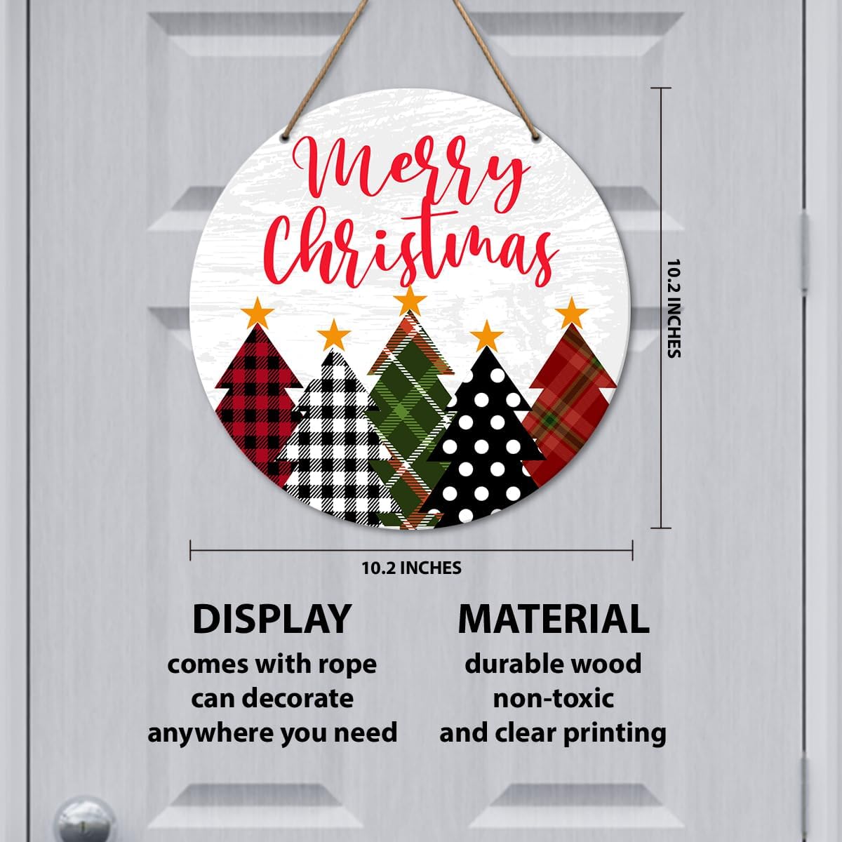Christmas Decorations Welcome Sign for Front Door, Wooden Christmas Decor Sign for Home Porch, Merry Christmas Wall Hanging Decoration, Xmas Holidays Buffalo Plaid Sign Decor Indoor