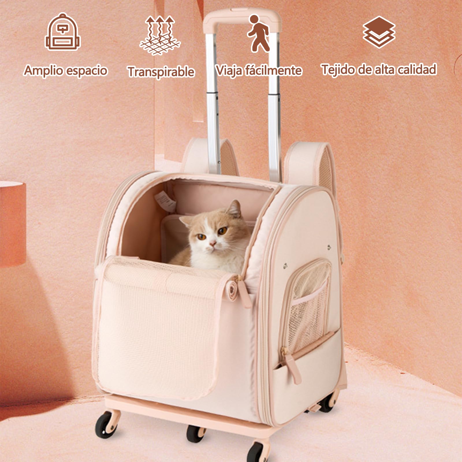 Galatée Mochila para Perros con Ruedas, Cochecito para Mascotas con Ventanas De Ventilación De Malla, Mochila Cómoda para Gatos, Ideal para Viajes, Senderismo y Uso Al Aire Libre(Rosa)