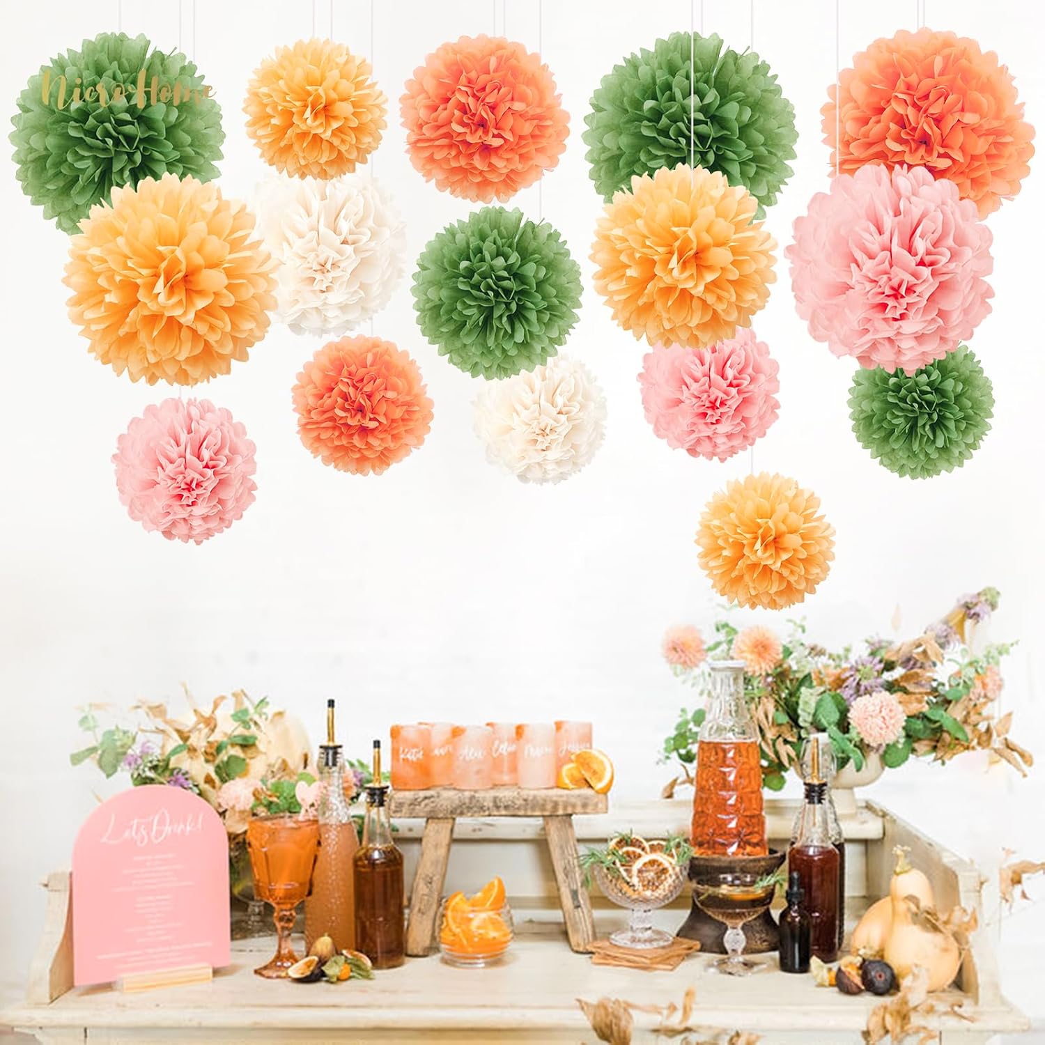 NICROHOME EUR Baby Shower Decorations, 16 PCS Light Orange Sage Green Tissue Paper Pom Poms for Spring Summer Party, Bridal Shower, Birthday, Wedding Party Supplies