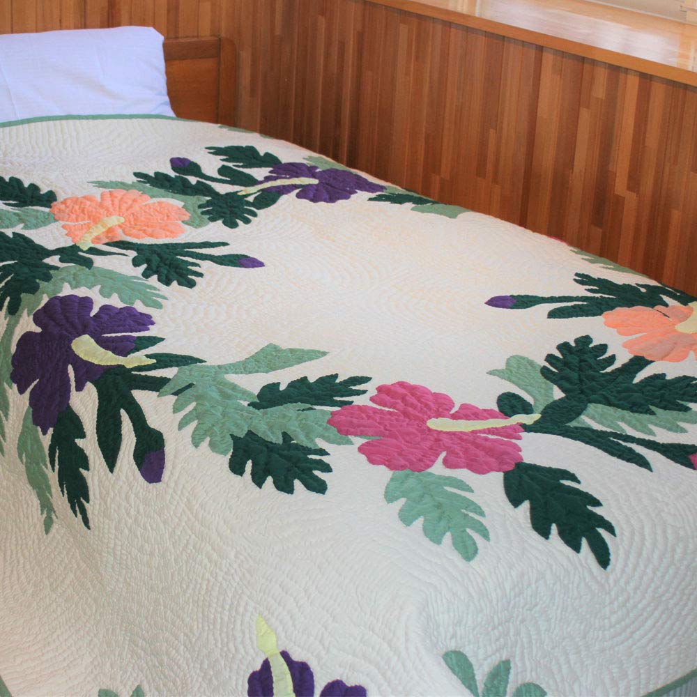 パッチワーク★ハワイアンキルトトップ★特大★ハイビスカス★ベッドカバー★マット 20fw-hk8080hibi5.jpg