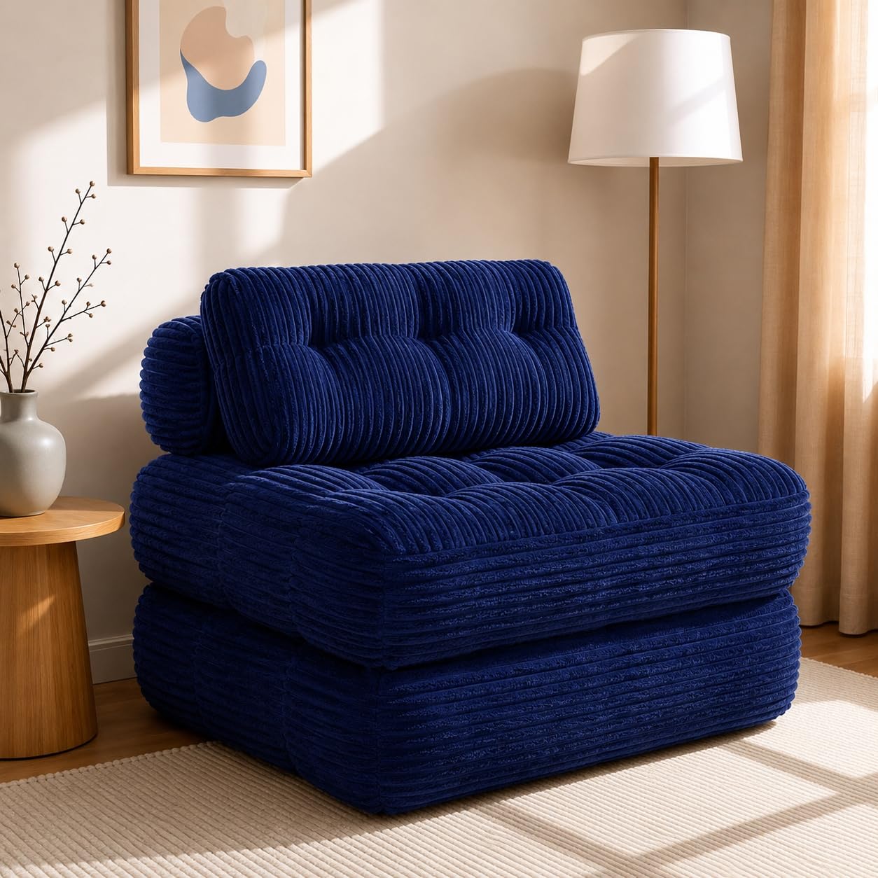 Claiks Chair Bed Single Sofa Bed with Pillow, Corduroy, Blue