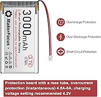 Vista 6 de MakerFocus 2 piezas 3.7V 3000mAh Batería recargable de polímero de litio 1S LiPo con placa de protección, cinta de goma aislante y conector JST 1.25