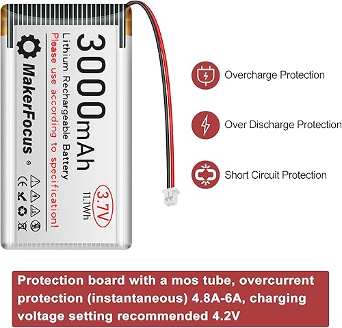 Miniatura 6 de MakerFocus Batería recargable de polímero de litio de 3.7 V 3000 mAh, batería LiPo 1S con placa de protección, cinta de goma aislada y enchufe JST