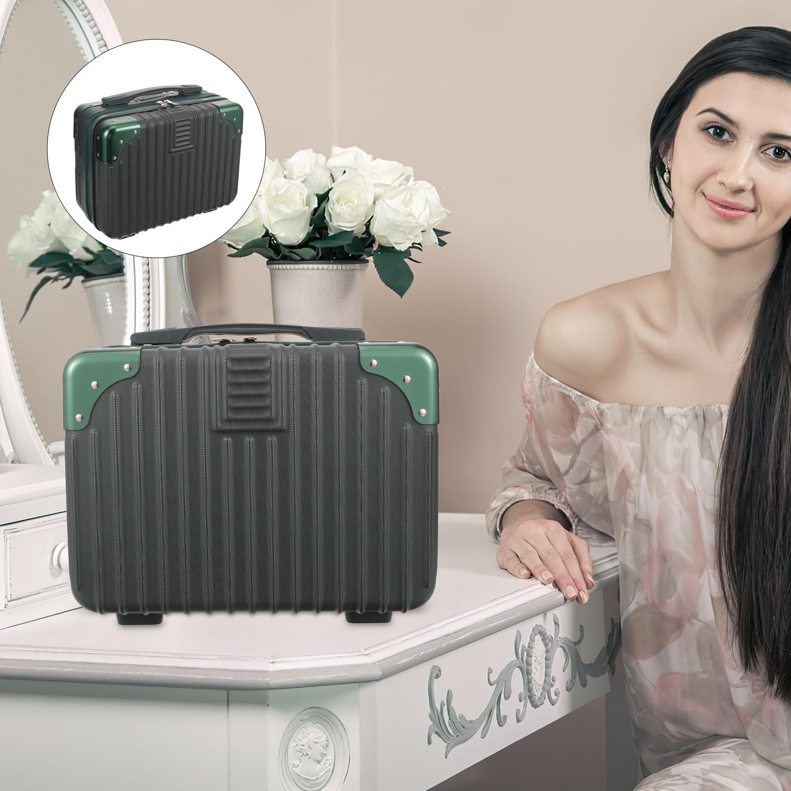 BETOOKY Tragbarer Kosmetikkoffer mit Separater Aufbewahrung Kleiner Grüner Koffer aus Abs zum und Transport für Make Up Pinsel und Lippenstifte