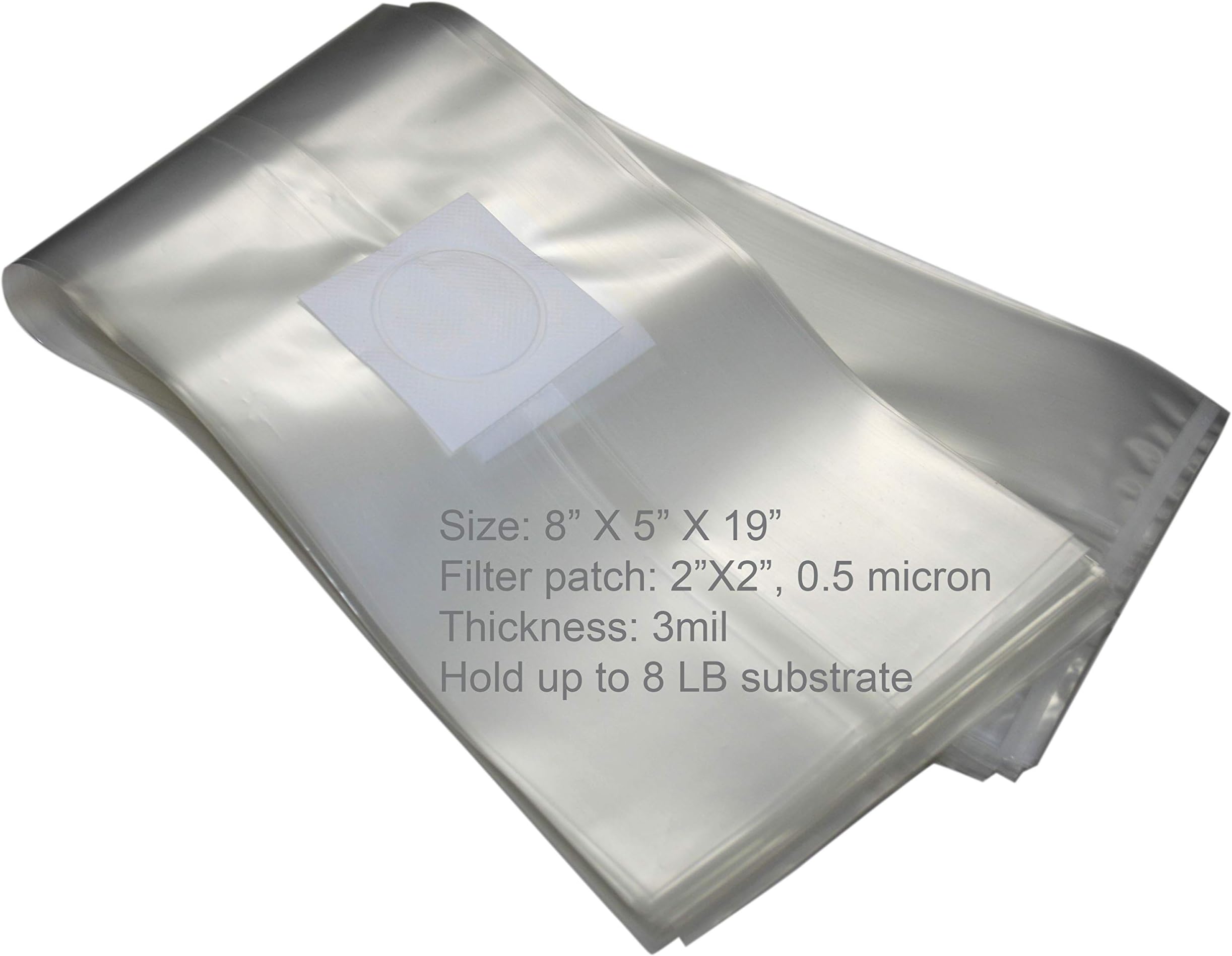 Mushroom Growing Bags, 0.5 Micron Filter, 3 Mil Polypropylene, Large Size 8" X 5" X 19", Multiple Choices (50)