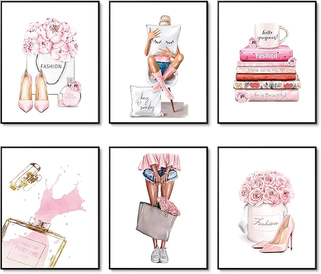 HoozGee Canvas Wall Art Prints Set of 6 Pink Flower Perfume Fashion Wall Pictures for Bedroom Decor Makeup Art Posters Girls Room Wall Decor (8"x10" UNFRAMED)