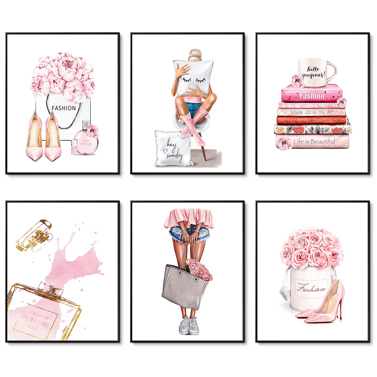 HoozGee Canvas Wall Art Prints Set of 6 Pink Flower Perfume Fashion Wall Pictures for Bedroom Decor Makeup Art Posters Girls Room Wall Decor (8"x10" UNFRAMED)