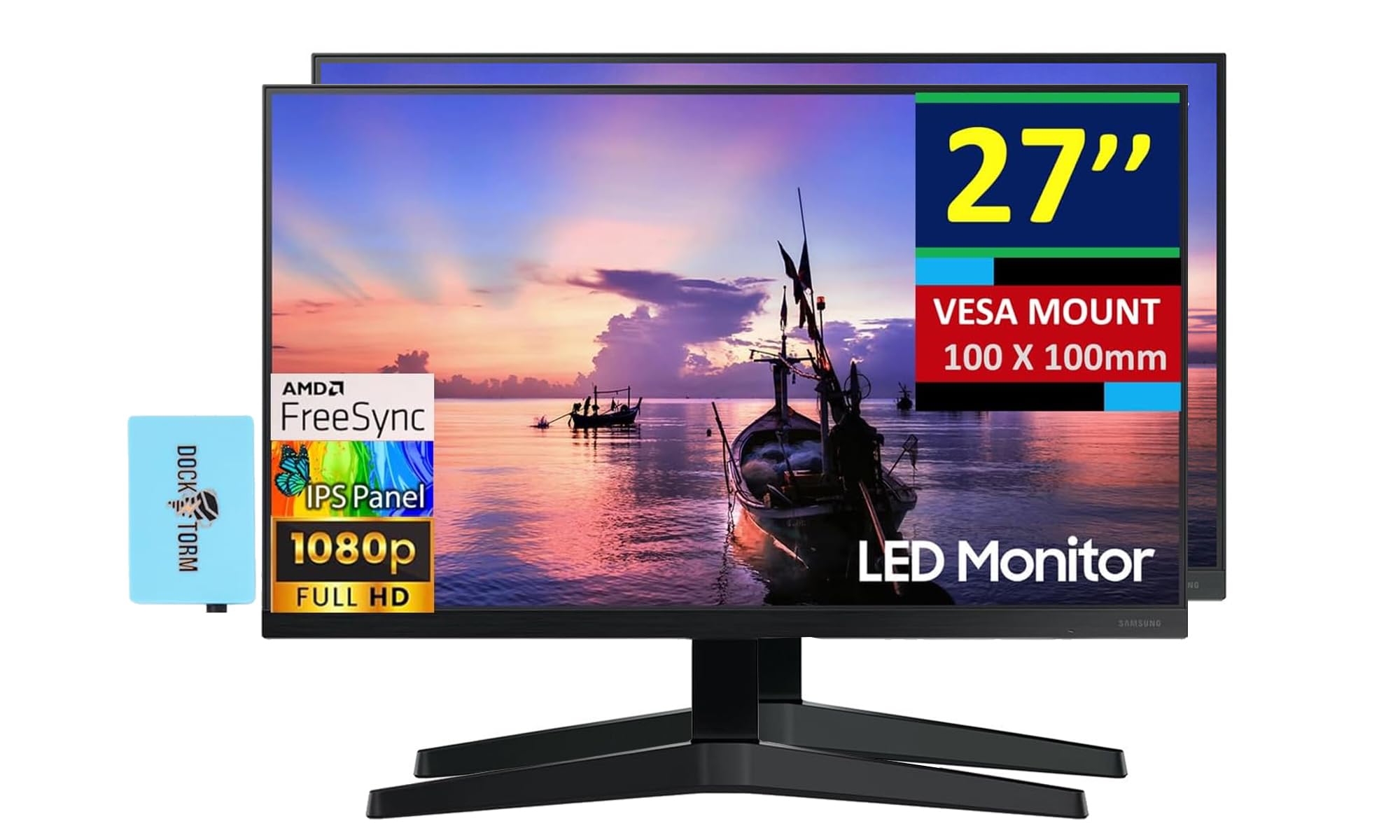Samsung 27" FHD IPS Monitor with 5ms Response Time, AMD FreeSync, VESA Mount (100mm), Flicker Free, VGA, HDMI & Dockztorm USB Port Expander, Black