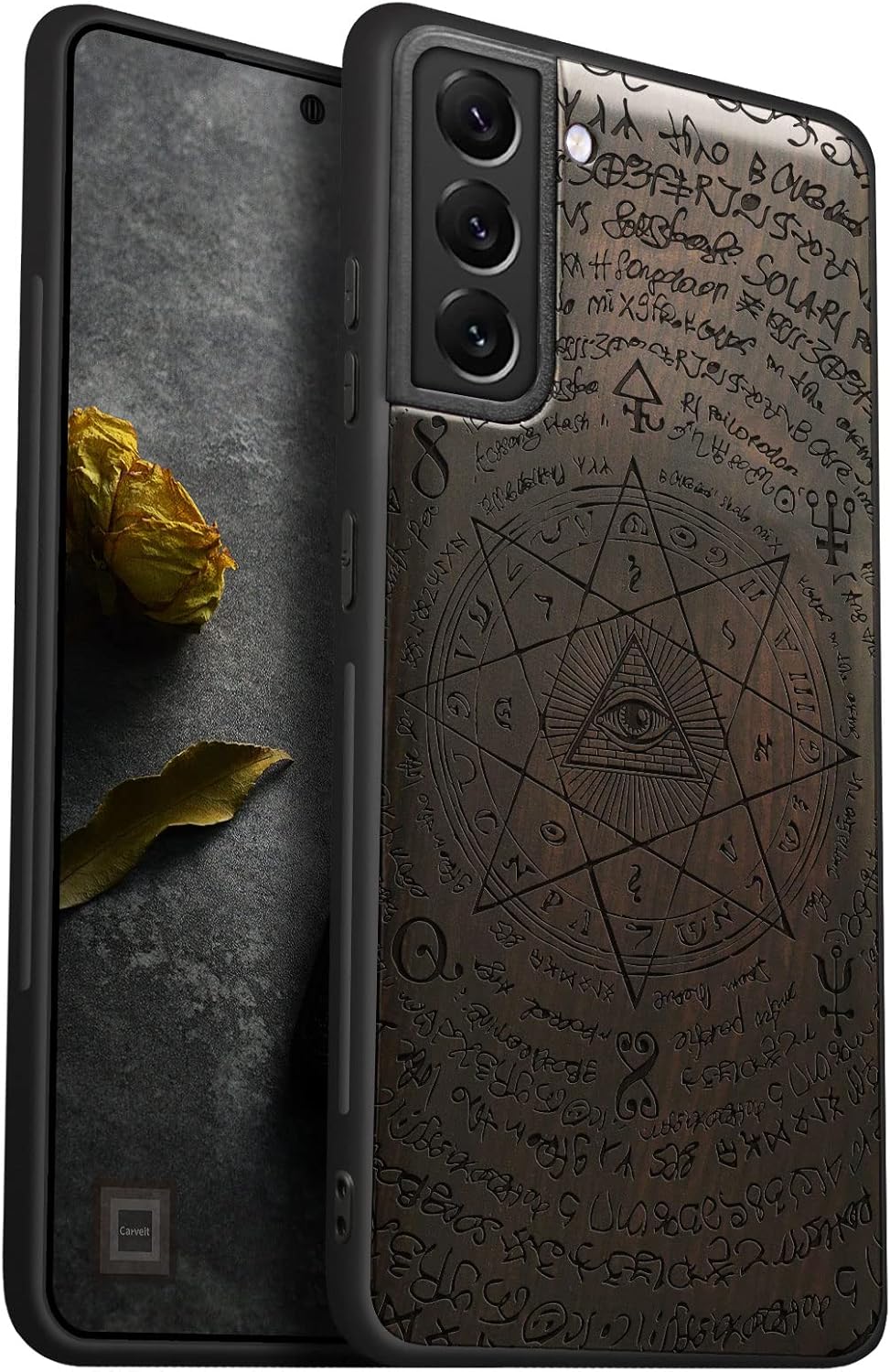 Carveit Wood Case for Galaxy S21 FE Case [Natural Wood & Black Soft TPU] Shockproof Hybrid Protective Unique Wooden Cover Compatible with Samsung S21 FE 5G (All-Seeing Eye-Blackwood)