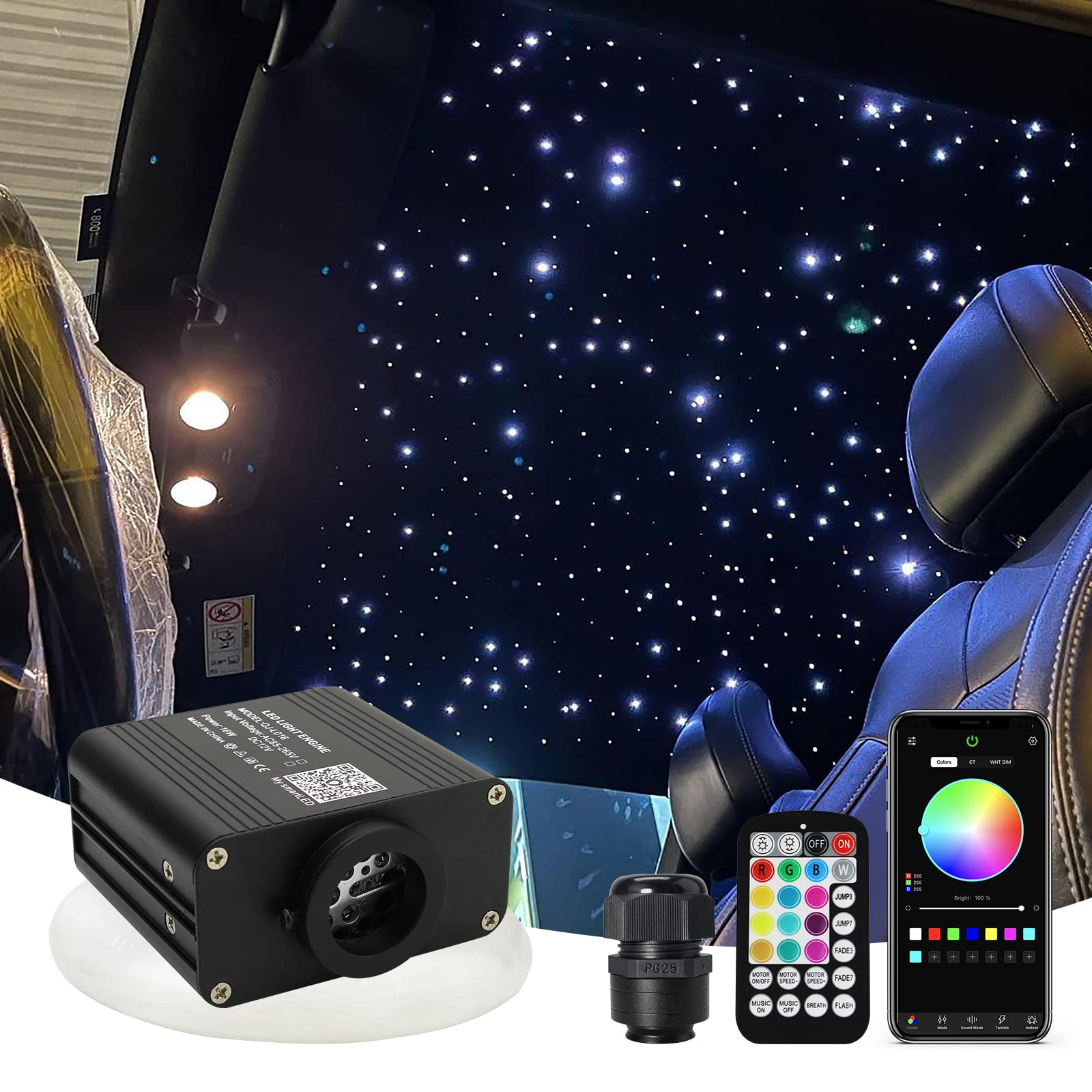 AMKI 16W Starlight Headliner Kit Twinkle+Sound Activated Mixed 460pcs 9.8ft Cable End Glow Fiber Optic Light APP/Remote Control RGBW Starlight Box for Car Home Star Ceiling Decor