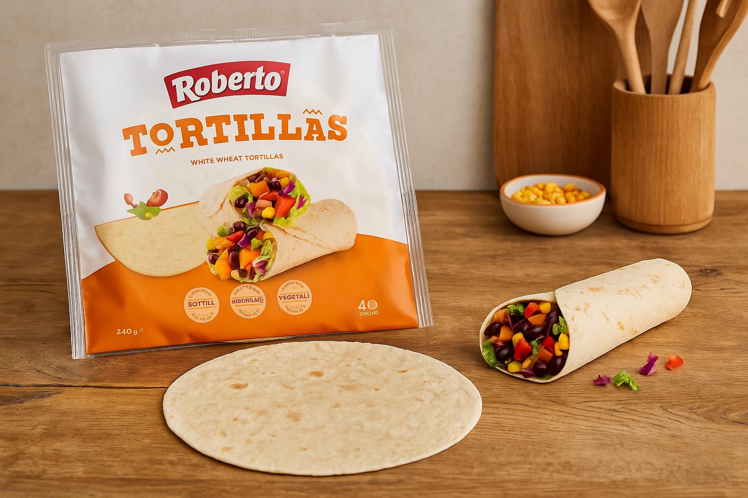 Roberto Tortillas di Grano Tenero – 12 pezzi di Tortilla Piadina Sottili, Arrotolabili e 100% Vegetali – Ideali per Wrap, Burritos e Fajitas Piatti Caldi e Freddi