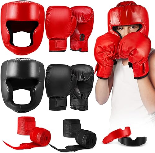 Kanayu Juego de 12 piezas de equipo de boxeo para niños, incluye casco de boxeo y guantes de mano, protectores bucales deportivos, equipo de