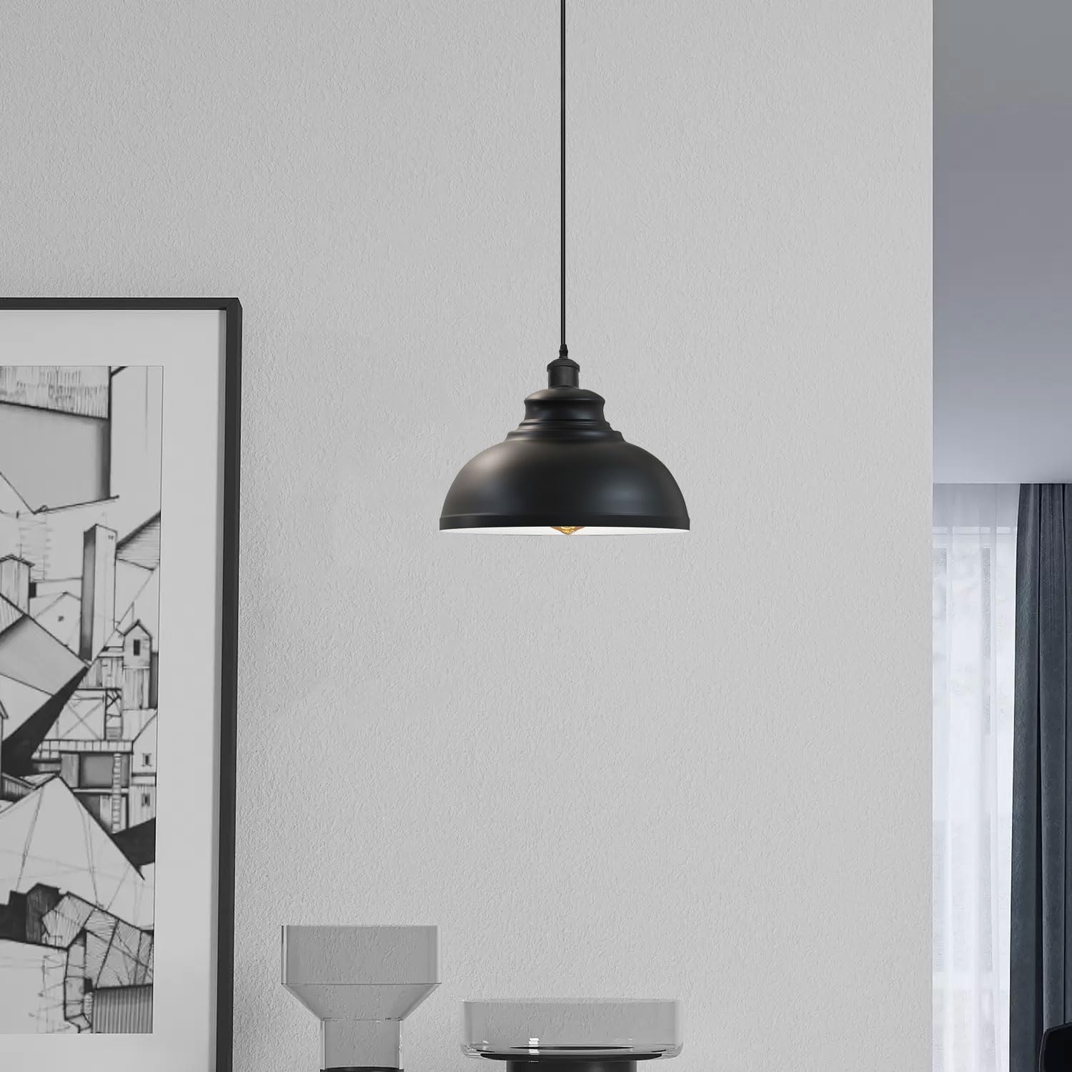 LEDSone Modern Vintage Pendant Light Industriale Plafoniera Ideale per Sale da Pranzo, Bar, Club e Ristoranti Base E27 (Curvy - Nero, interno Bianco (senza lampadina))