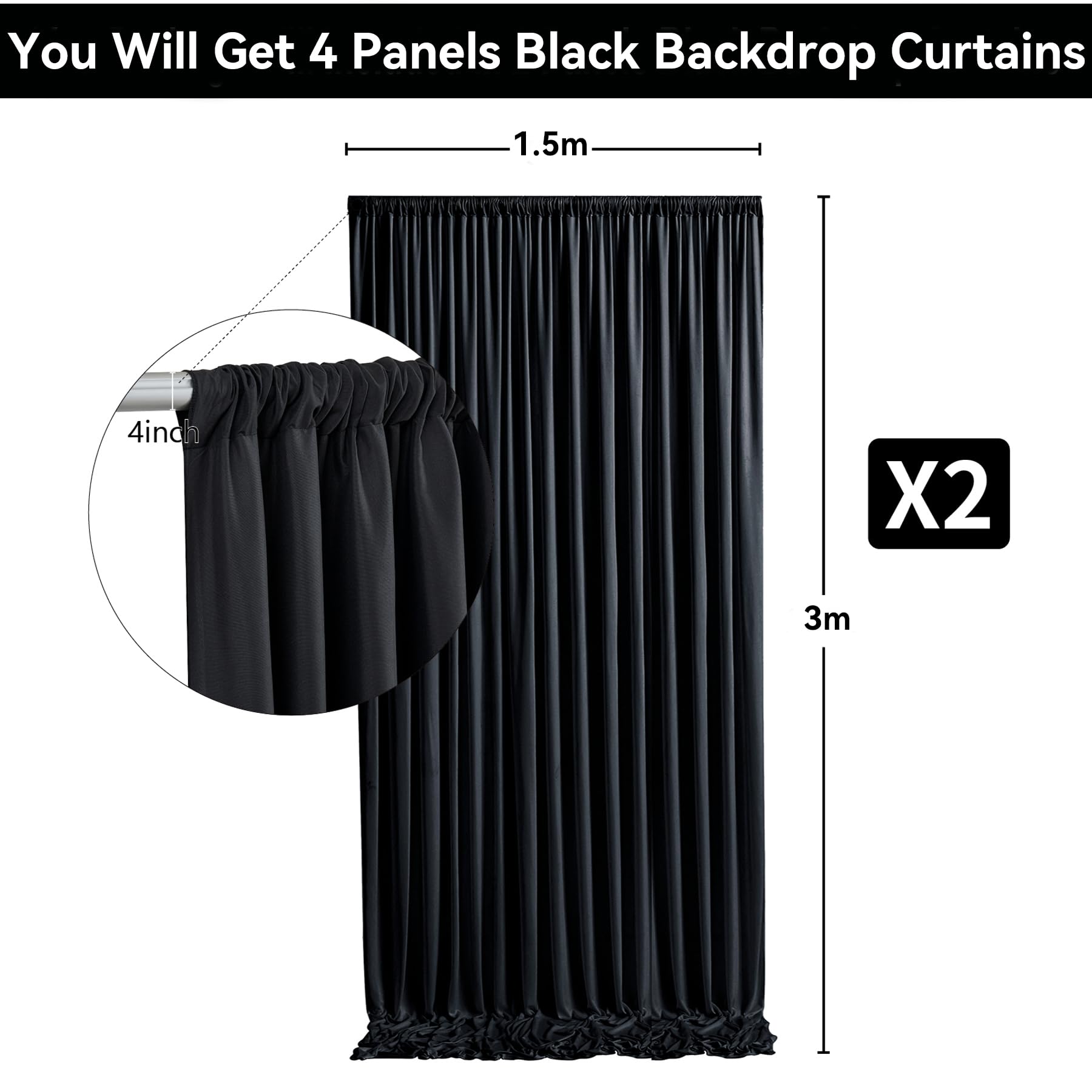 Cortina de fondo negro grueso de 6 m x 3 m para fiestas, 4 paneles de cortinas de fondo de poliéster negro para bodas, cumpleaños, fotografía, fiestas, decoración del hogar