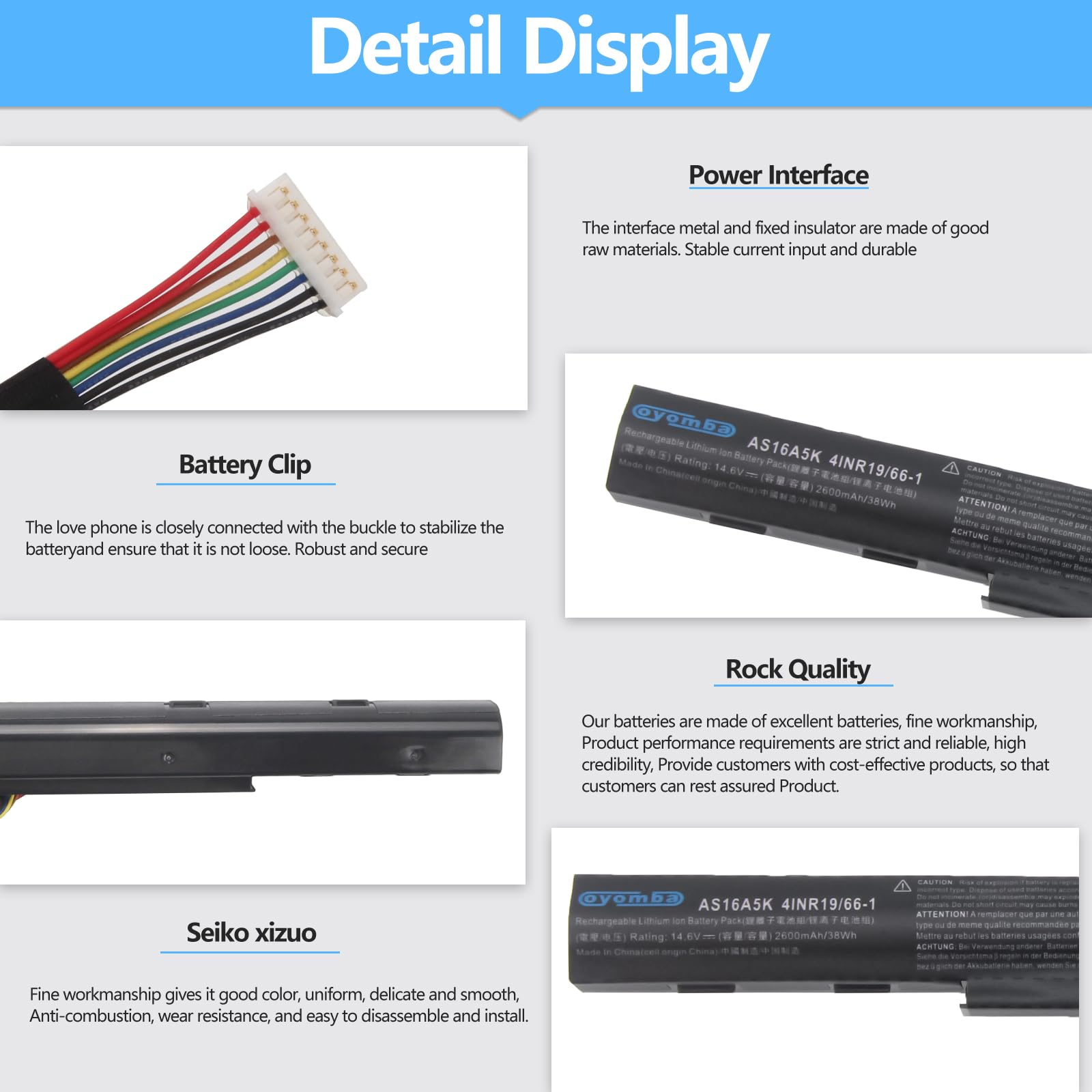Oyomba Batterie Portable AS16A5K AS16A7K AS16A8K Pour Acer Aspire E15 E5-575 E5-575G E17 E5-774 - 41.4Wh 2800mAh 14.8V 4 Cellules