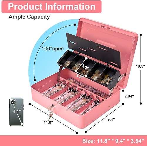 Miniatura 8 de Caja de efectivo con cerradura de combinación, cajas de efectivo con bloqueo con cable de seguridad y bandeja para monedas, caja de dinero de metal