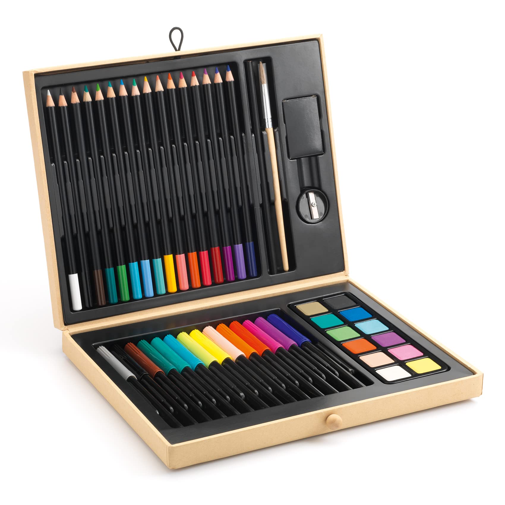 DJECO Boîte de Couleurs, dès 5 Ans - Contient Crayons, Feutres, Gouache, Pinceau, Gomme, Taille-Crayon - Stimule la Créativité - Mallette Art Portable et Personnalisable - Qualité Supérieure, EU