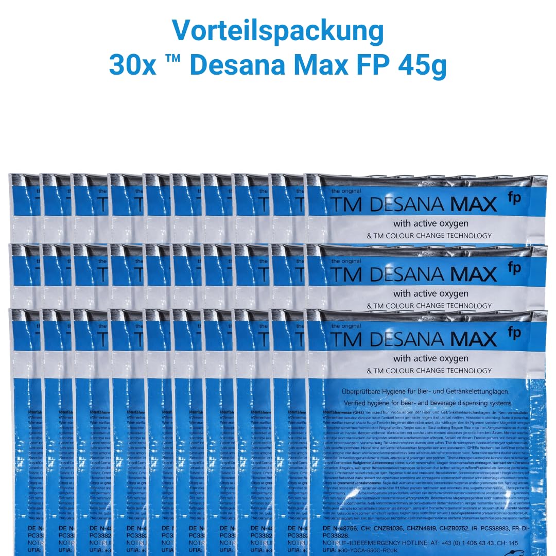 TM Desana Max fp Lot de 30 nettoyants pour conduites de bière, tireuse à bière, accessoires et récipients de nettoyage Bleu 45 g