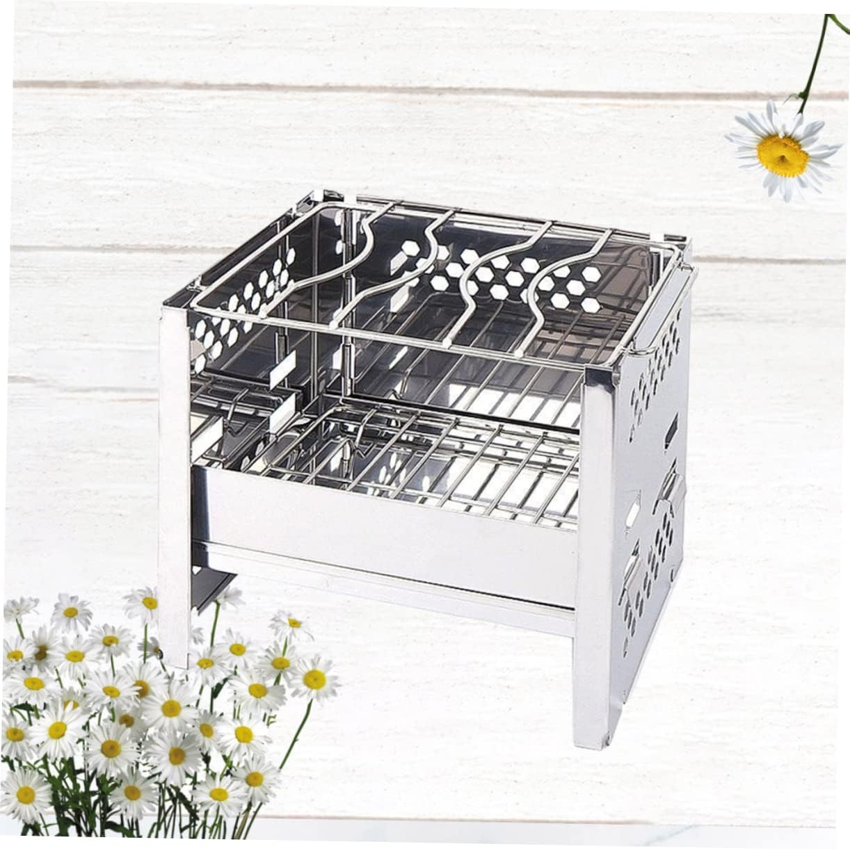 VICASKY 1Pc Outdoor Mini Collapsible Stainless Steel Burning Stove Portable Bbq Grill for Camping Hiking Picnics Durable Cookware Silver