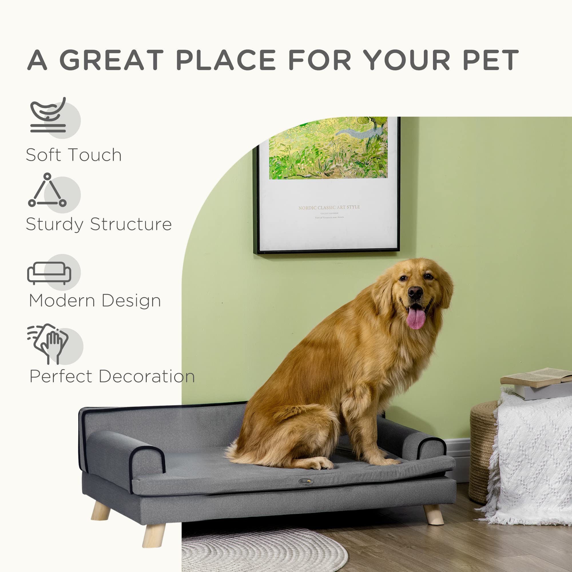 PawHut Divano per cani con gambe, tessuto impermeabile per cani di taglia grande e media, grigio